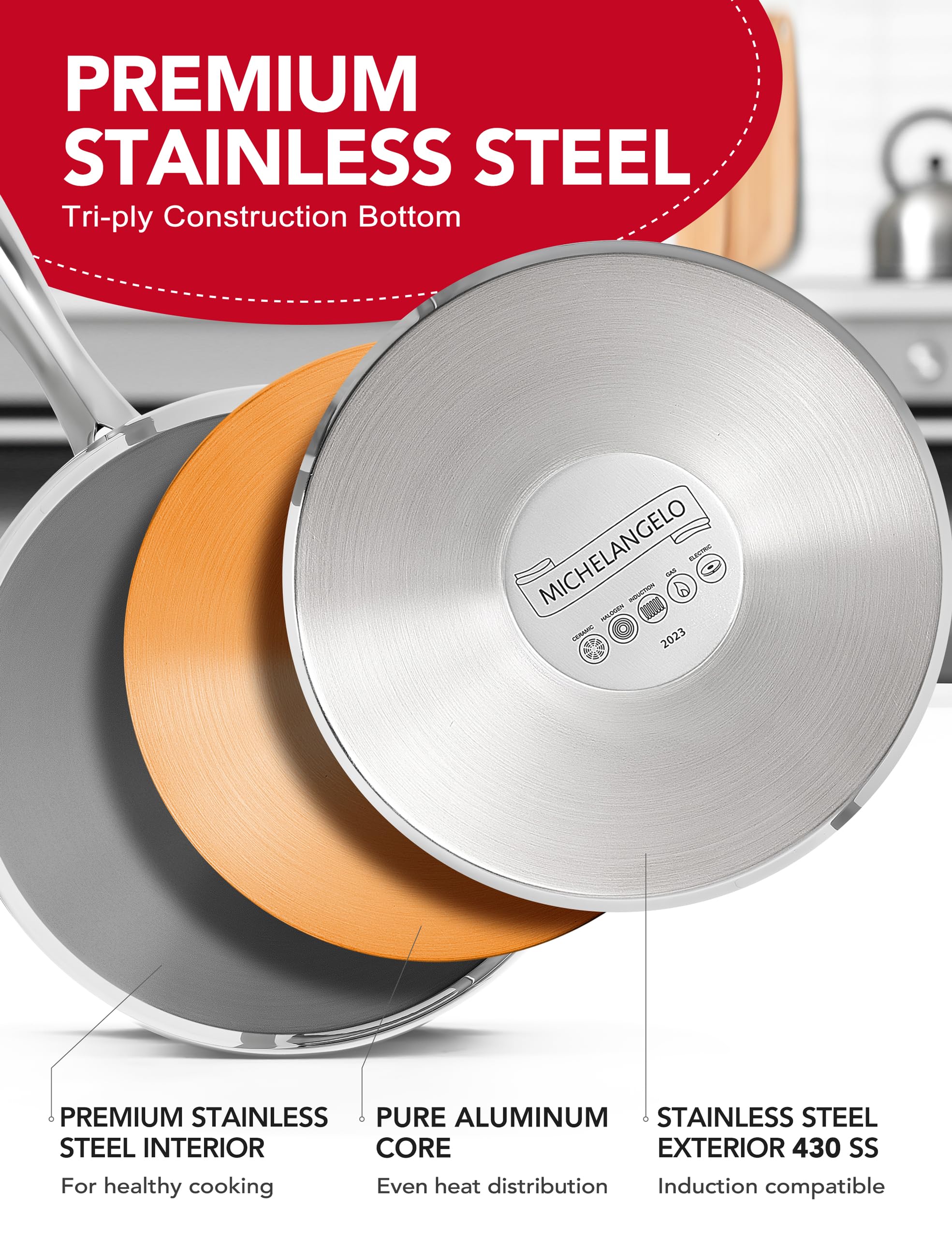 MICHELANGELO Stainless Steel Sauce Pan Set - 1, 2, 3 Qt Saucepans with Lids, Small Stainless Steel Pots for Cooking, Induction Compatible, Dishwasher & Oven Safe