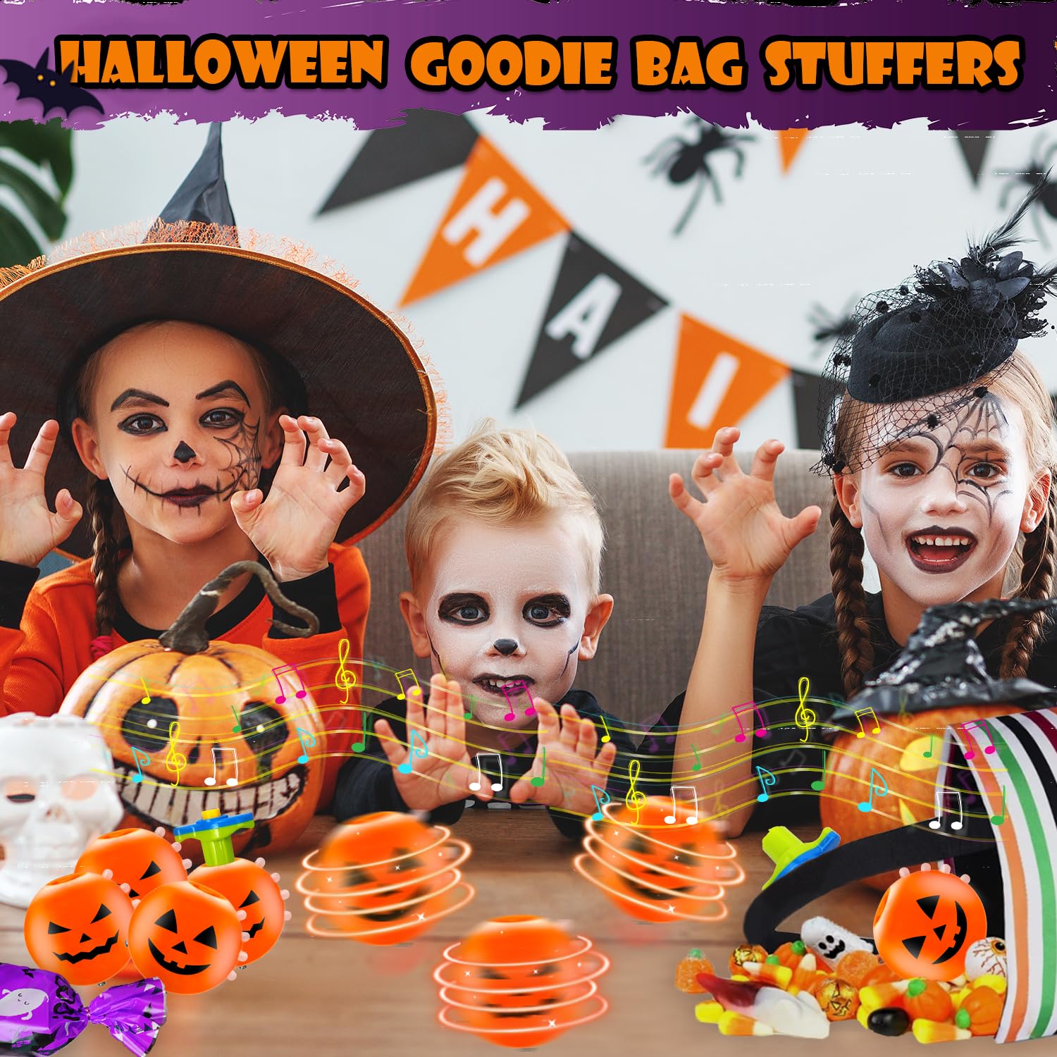 Halloween Basket Goodie Bag Stuffer Fillers for Kids, 4 Pack Pumpkin Light Up Spinning Top Toys Gifts for Toddlers, Halloween Treats Non Candy Birthday Party Favors, Classroom Prizes for Boys Girls