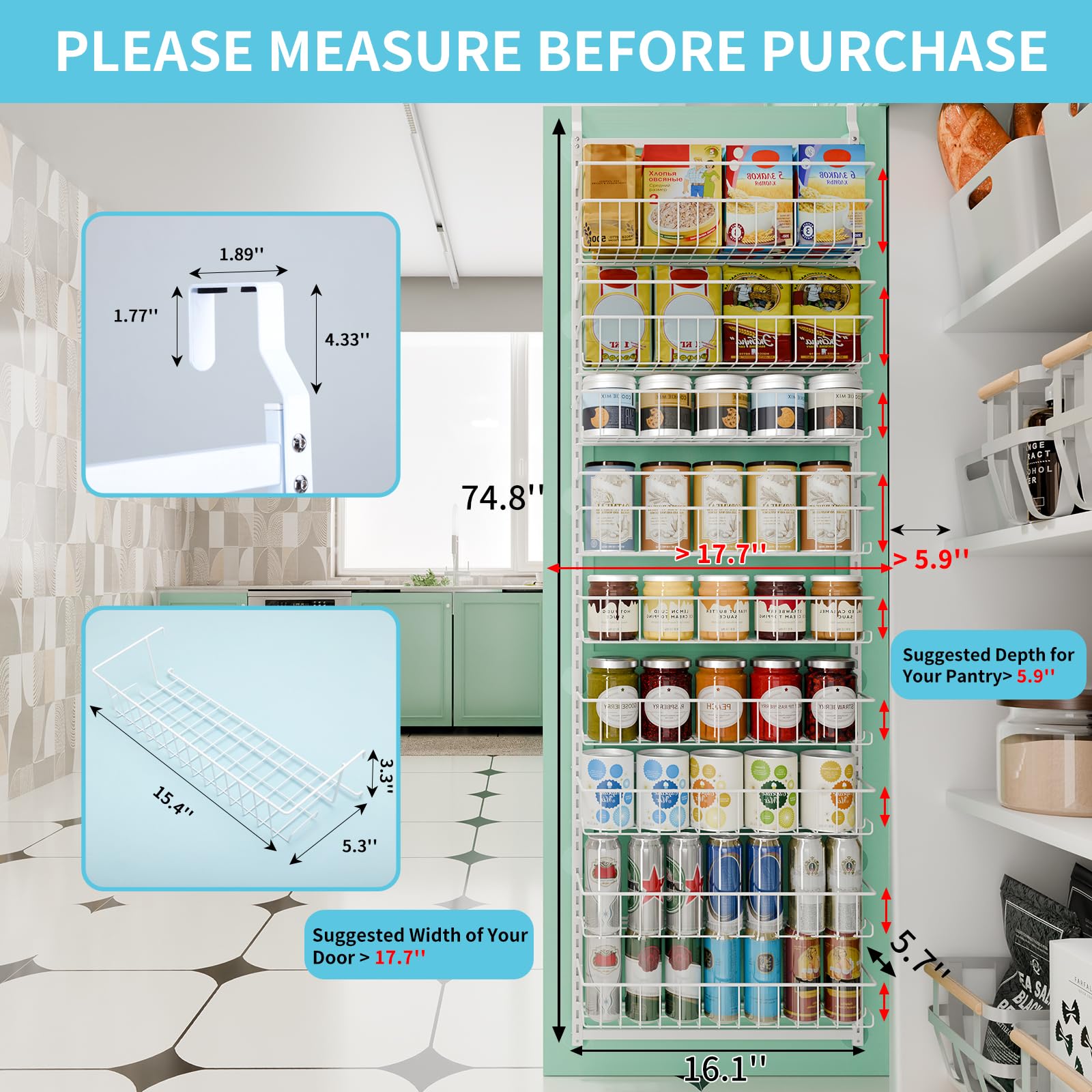 Fixwal 9-Tier Over the Door Pantry Organizer, Metal Hanging Spice Rack Storage Shelves with Adjustable Baskets for Kitchen, White