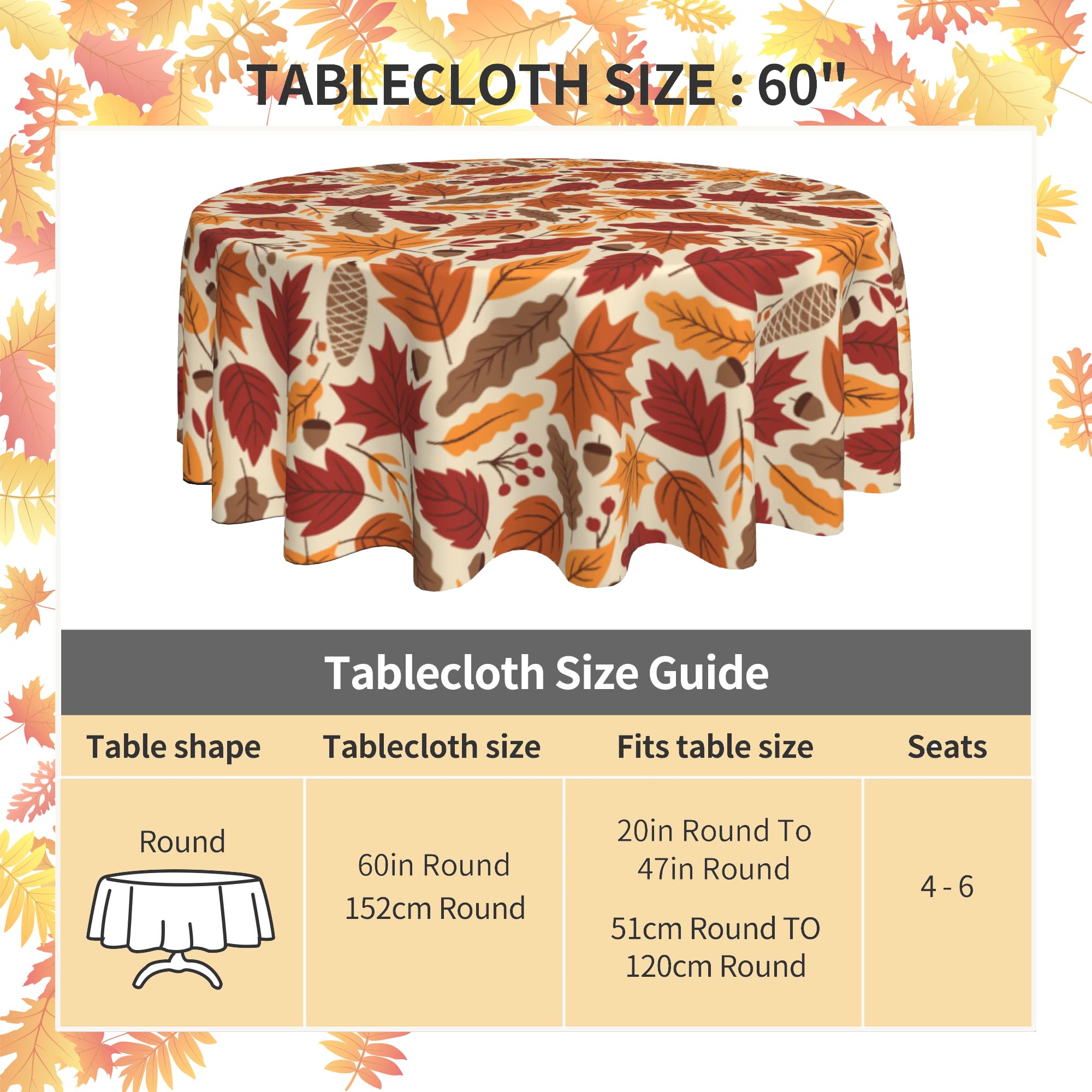 KIYIYZER Fall Maple Leaf Round Tablecloth 60 Inch, Autumn Decoration Tablecover Anti-Wrinkle Waterproof Wipeable Table Cover for Thanksgiving Party Kitchen/Home Dining Decor