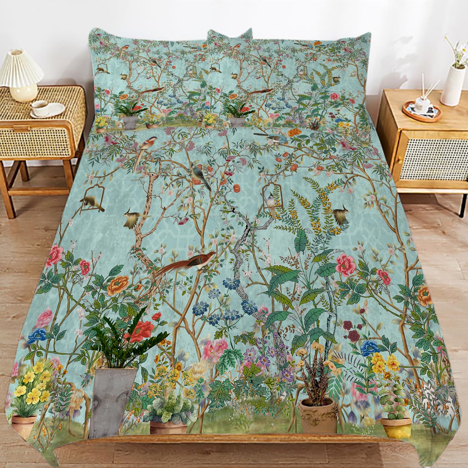 MSSHUKYTT Abstract William Morris Floral Bird Duvet Cover Set 3 Piece Queen Size,Rustic Mid Century Spring Garden Green Leaves Florals Bedding Set 2 Pillow Sham(No Insert)