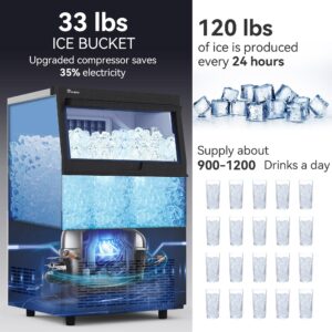 YITAHOME Upgraded Commercial Ice Maker Machine, 120LBS/24H Ice Maker with 33LBS Storage Bin, LCD Panel with Blue Light & Stainless Steel Scoop for Restaurant, Home, Bars, Coffee Shop(40PCS)