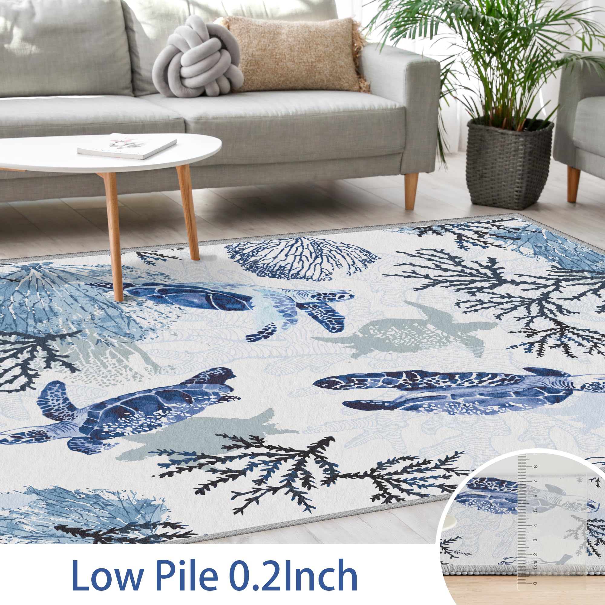 Coastal Rug Nautical Rug Runners for Hallways Non Slip, Soft Low Velvet Carpet, Washable Beach Rug Ocean Coastal Runner Rugs for Laundry Room Entryway Modern Navy Blue Sea Turtle, 2x6