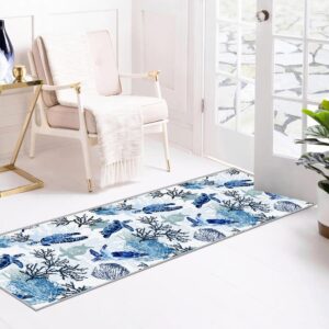 Coastal Rug Nautical Rug Runners for Hallways Non Slip, Soft Low Velvet Carpet, Washable Beach Rug Ocean Coastal Runner Rugs for Laundry Room Entryway Modern Navy Blue Sea Turtle, 2x6