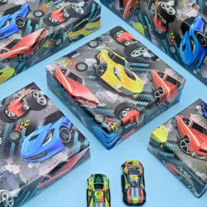 NARCSCHICHU 6 Sheets Racing Car Wrapping Paper - Boys Birthday Gift Wrapping Paper for Kids Bday Baby Shower Racing Theme Party - 20 X 28 Inches Per Sheet