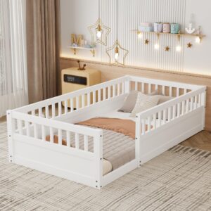 twin size floor bed with high fence rails, solid wood montessori floor bed for baby,kids twin bed frame for girls, boys, floor bed without slats as kids playground,white