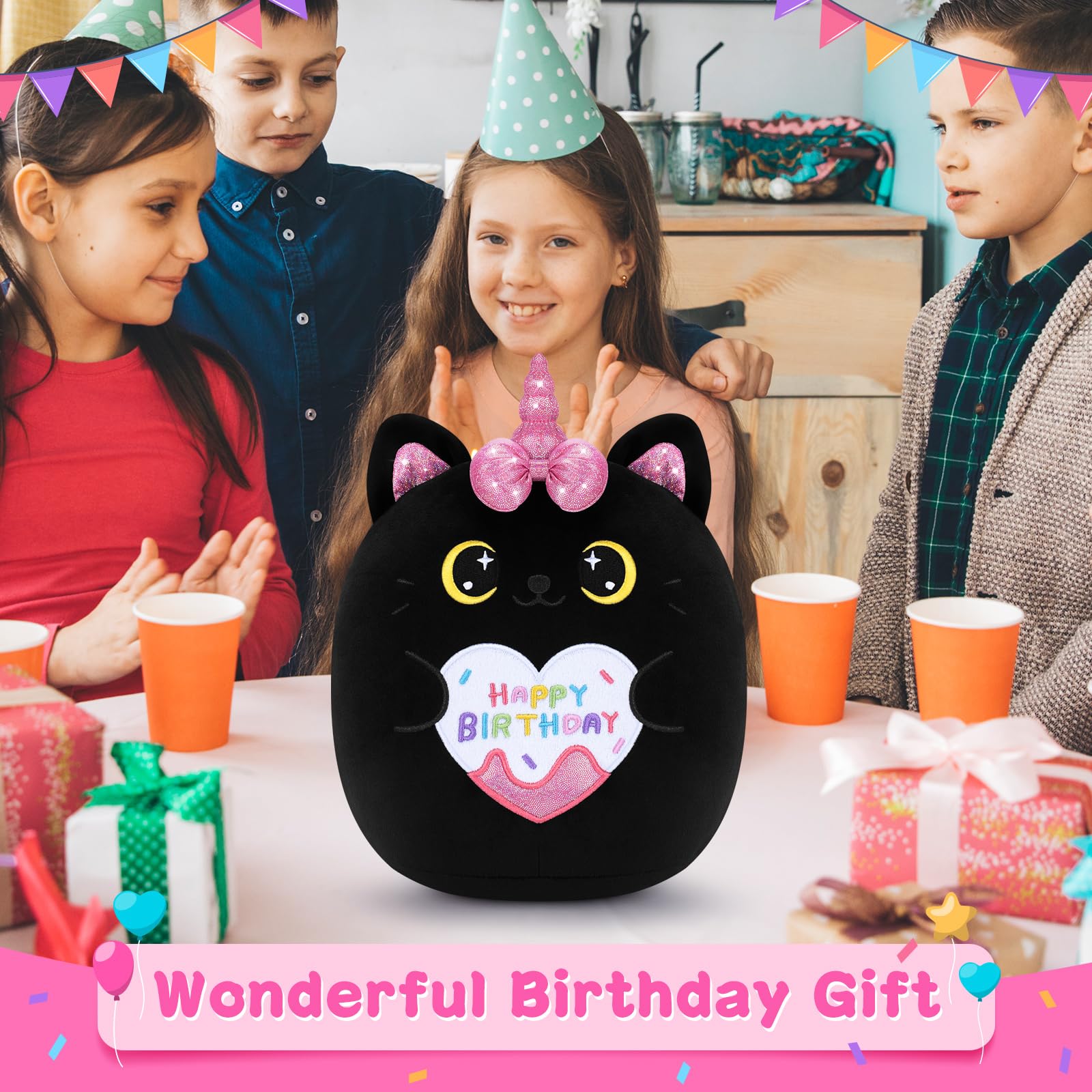 Happy Birthday Gift Black Cat Plush Toys-11'' Black Cat Plushies Anime Plush-Kawaii Birthday Plushie Stuffed Animals Cute Plushies, Black Cat Plush Pillow Cat Plushie Birthday Gifts for Kids