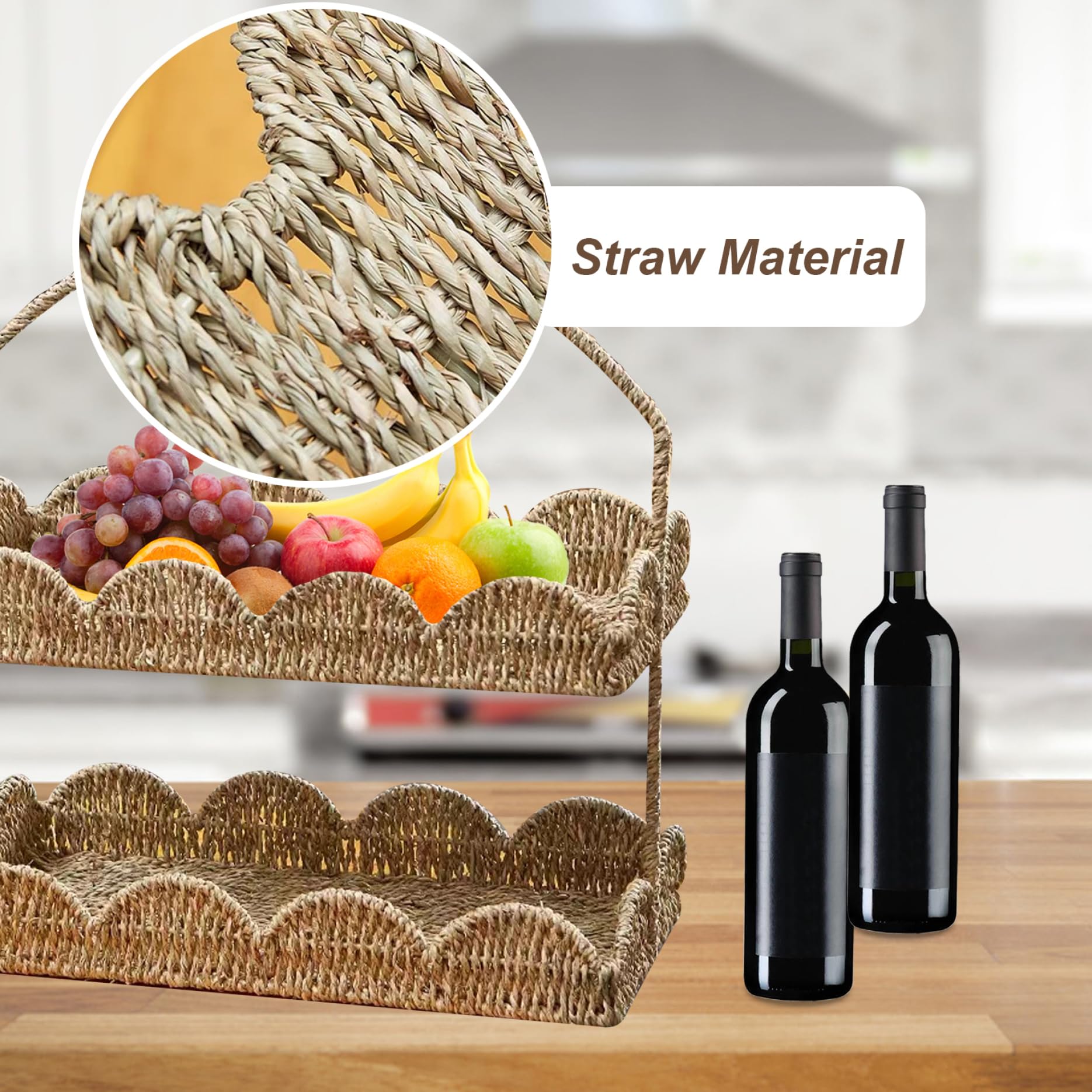 Seagrass Baskets 2 Layers Scalloped Basket Tray with Handle Rustic Decorative Woven Basket with Scalloped Edge Coffee Table Basket Organizer for Home Bedroom Living Room Organizing 15.6x7.9x9.8 Inch