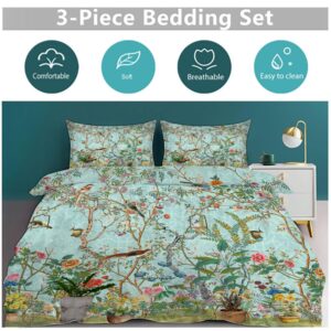 MSSHUKYTT Abstract William Morris Floral Bird Duvet Cover Set 3 Piece Queen Size,Rustic Mid Century Spring Garden Green Leaves Florals Bedding Set 2 Pillow Sham(No Insert)