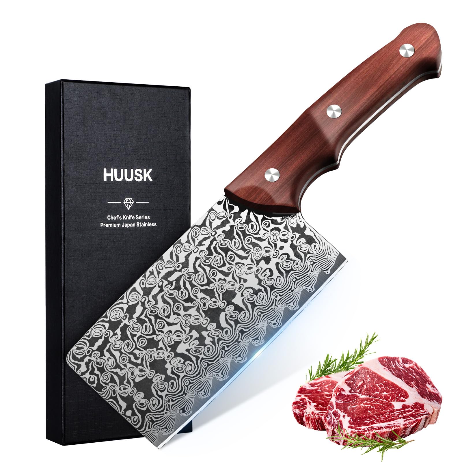 Huusk Meat Cleaver Knife 5.5" Japanese Butcher Knife for Meat Cutting Vegetable Cleavers with Ergonomic Handle Chopping Knives for Kitchen, Camping Thanksgiving Christmas Gifts