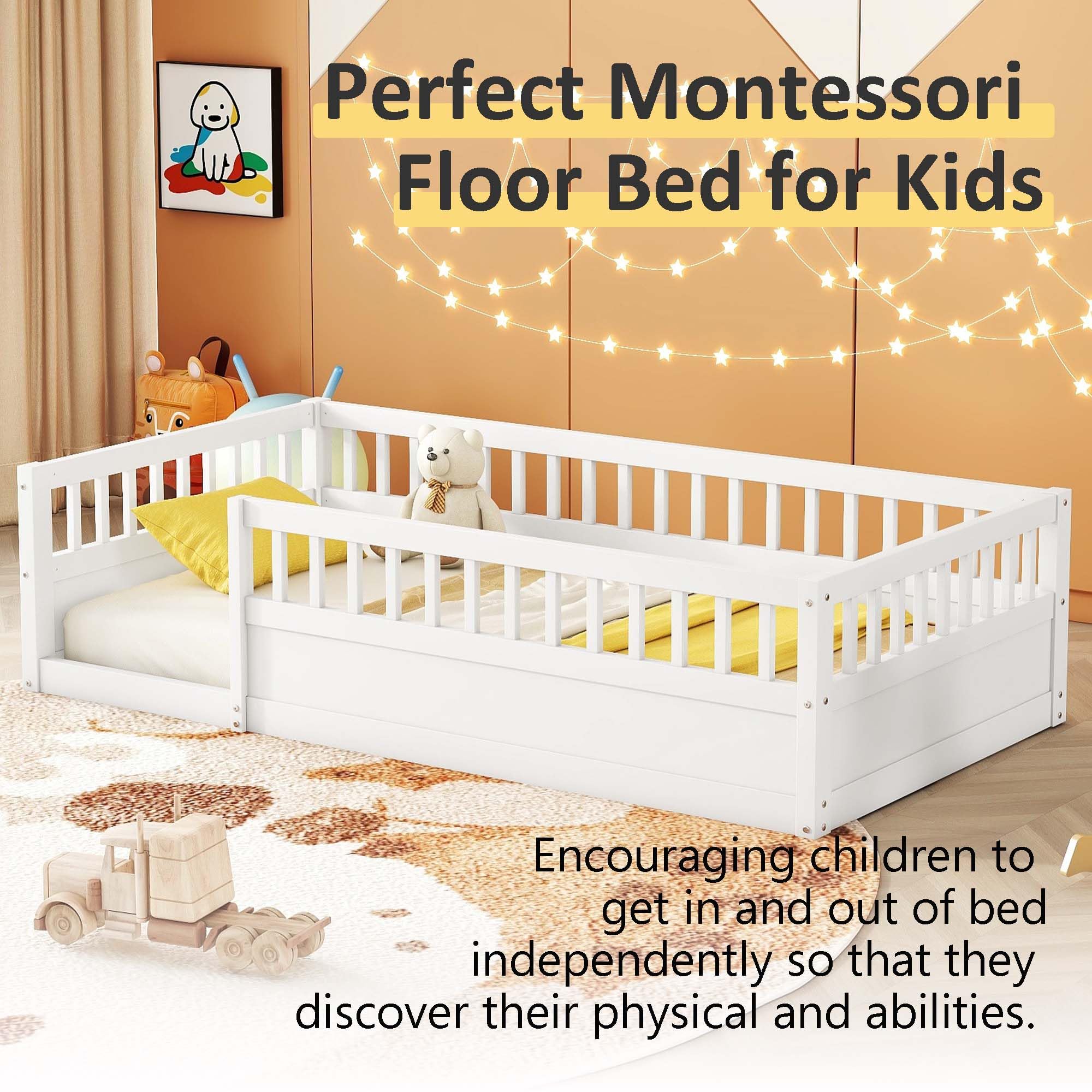 Twin Size Floor Bed with High Fence Rails, Solid Wood Montessori Floor Bed for Baby,Kids Twin Bed Frame for Girls, Boys, Floor Bed Without Slats as Kids Playground,White