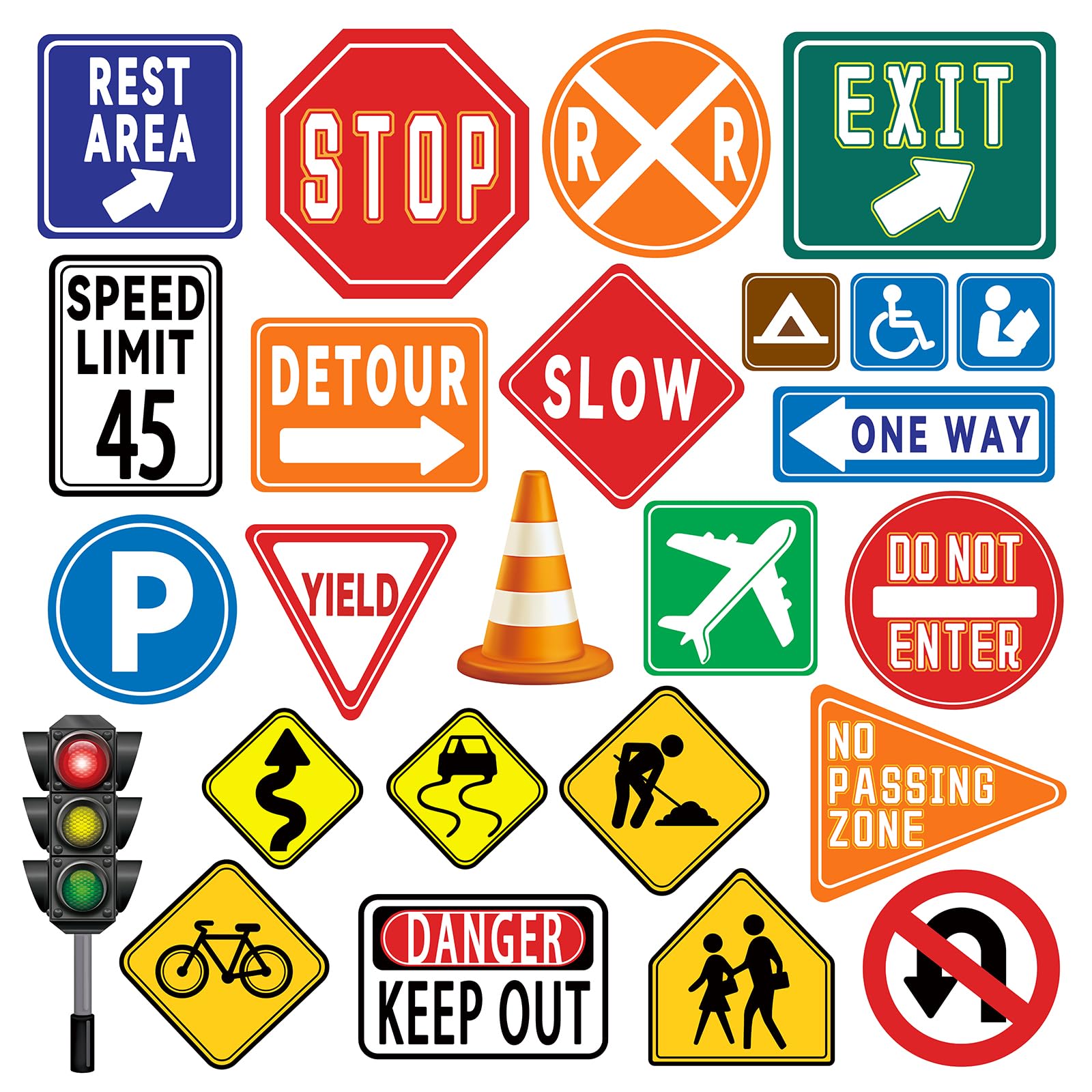 wondever 25 Pieces Traffic Road Signs Wall Stickers Stop Street Transportation Signs Peel and Stick Wall Art Decals for Kids Bedroom Classroom Playroom