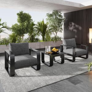 Merax 3-Pieces Aluminum Frame Patio Furniture Set with 6.7" Thick Cushion Chair and Coffee Table, All-Weather Use Outdoor Olefin Fabric ChairSet