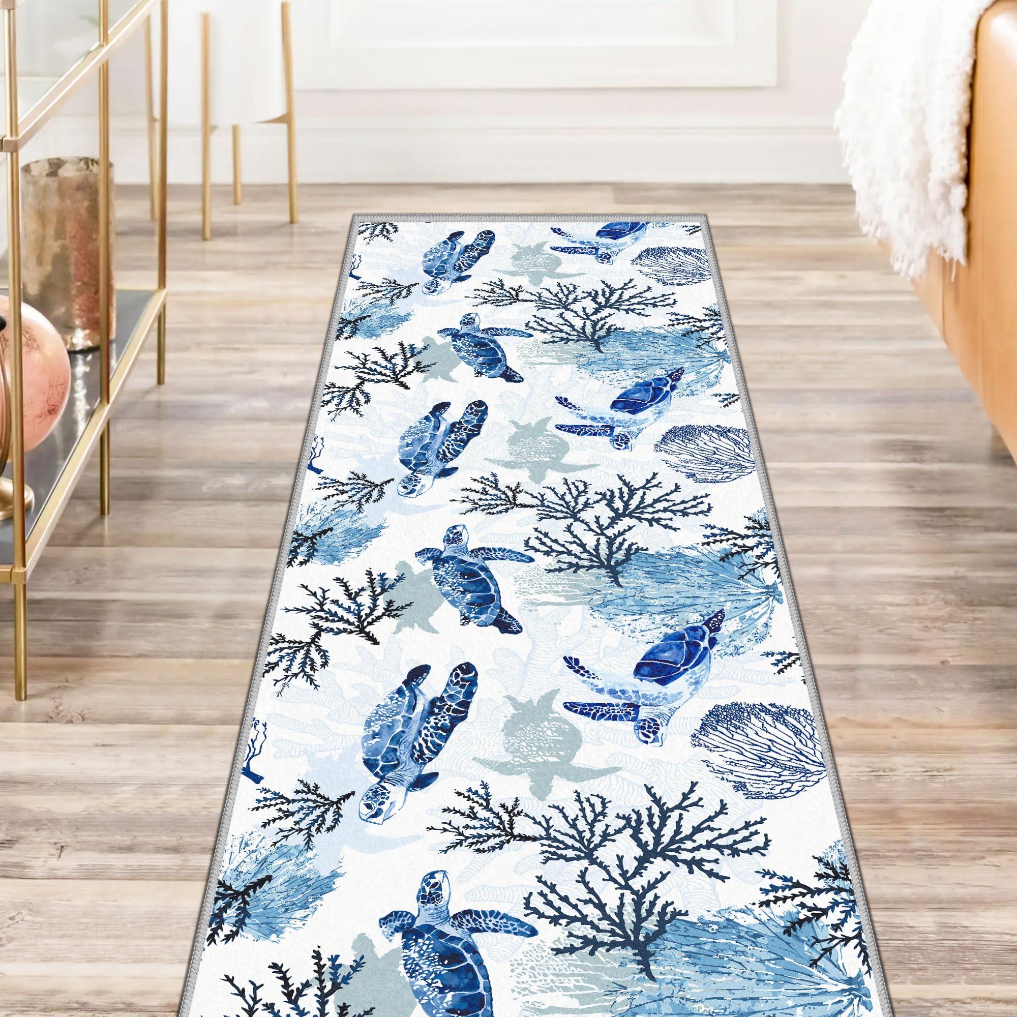 Coastal Rug Nautical Rug Runners for Hallways Non Slip, Soft Low Velvet Carpet, Washable Beach Rug Ocean Coastal Runner Rugs for Laundry Room Entryway Modern Navy Blue Sea Turtle, 2x6