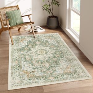 lahome boho green 5x7 area rugs,washable living room rug soft non-slip bedroom rug,vintage oriental low-pile throw indoor dining room carpet for home office entryway(5x7,green)