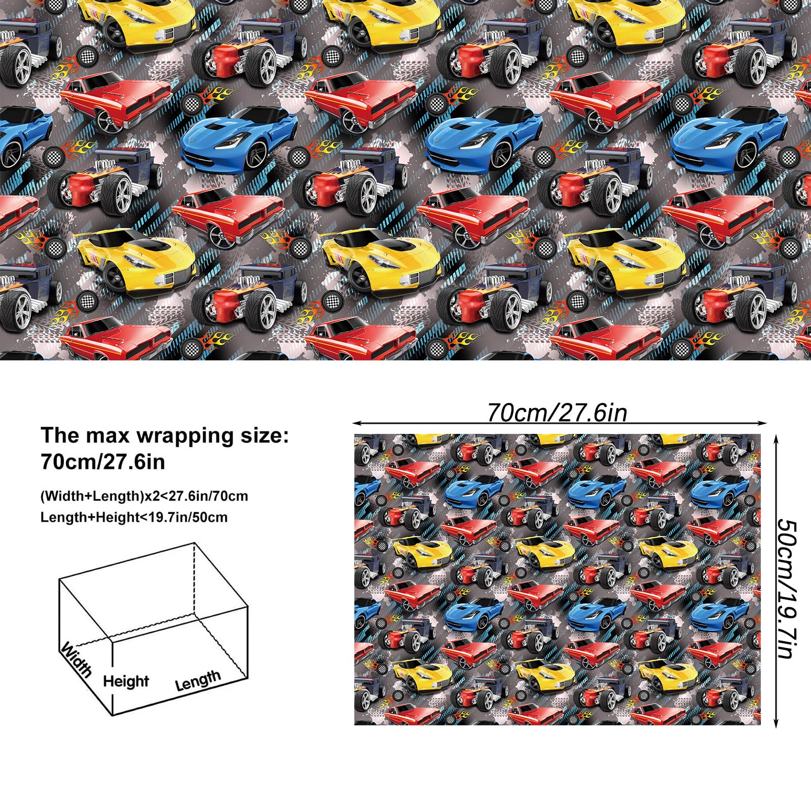 NARCSCHICHU 6 Sheets Racing Car Wrapping Paper - Boys Birthday Gift Wrapping Paper for Kids Bday Baby Shower Racing Theme Party - 20 X 28 Inches Per Sheet