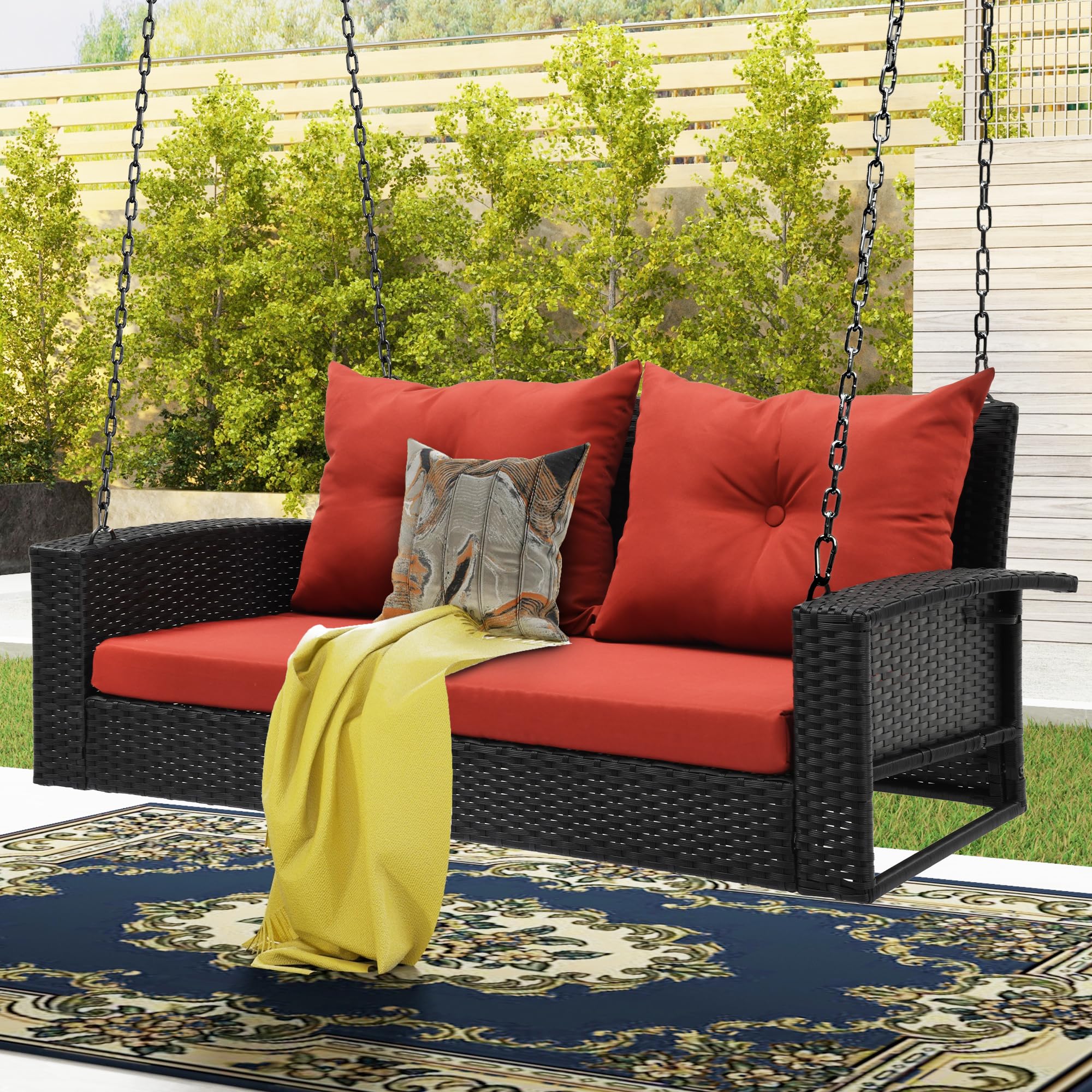 DWVO 2-Seats Wicker Hanging Porch Swing Chair Outdoor Black Rattan Patio Swing Lounge w/ 2 Back Cushions Capacity 530lbs for Garden, Balcony, Living Room, Red