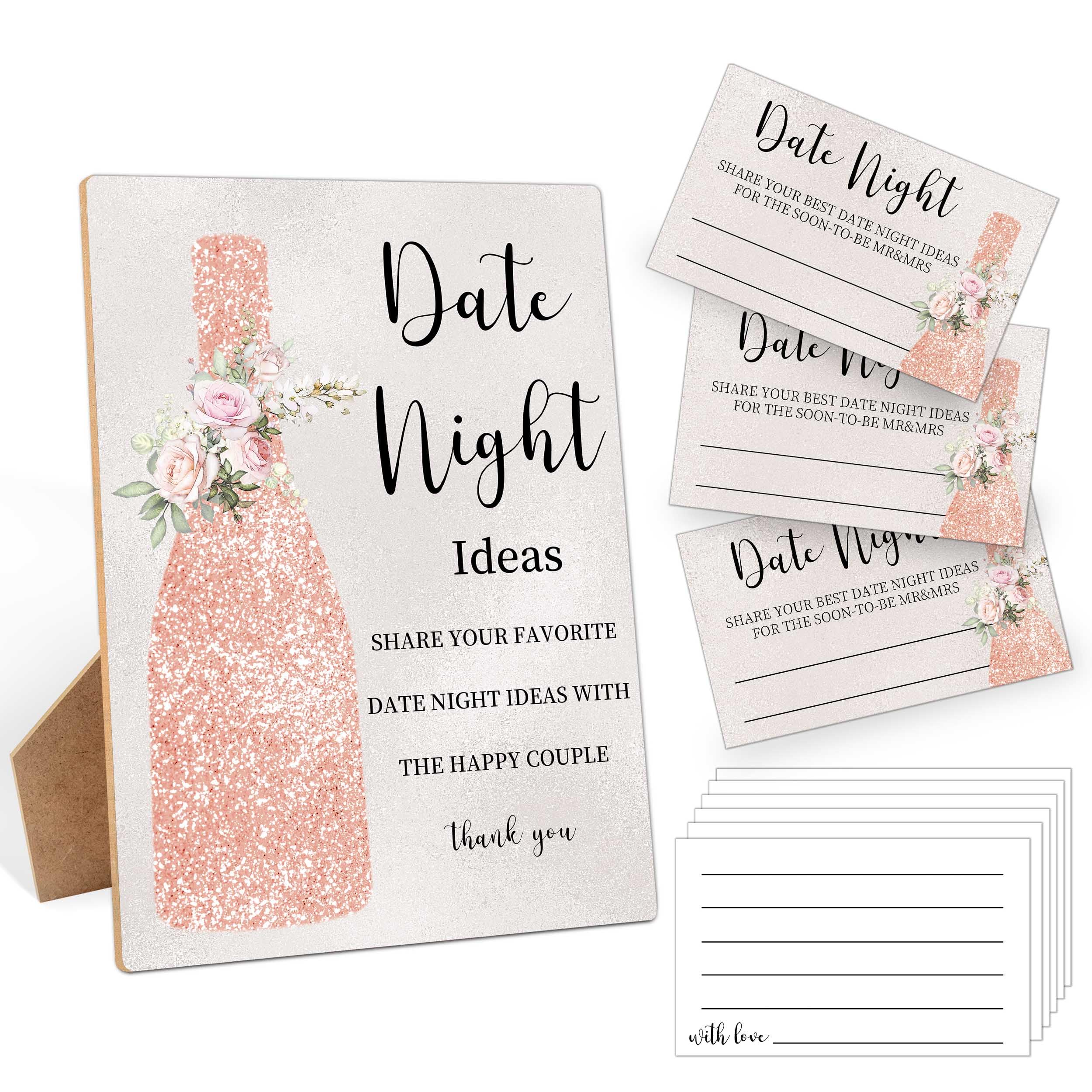 Date Night Ideas for Couples, Bridal Shower Games Date Night Sign, 1 Wooden Sign with 50 Cards, Floral Wishes Advice Game for Wedding, Bachelorette Party Night, Engagement Decoration