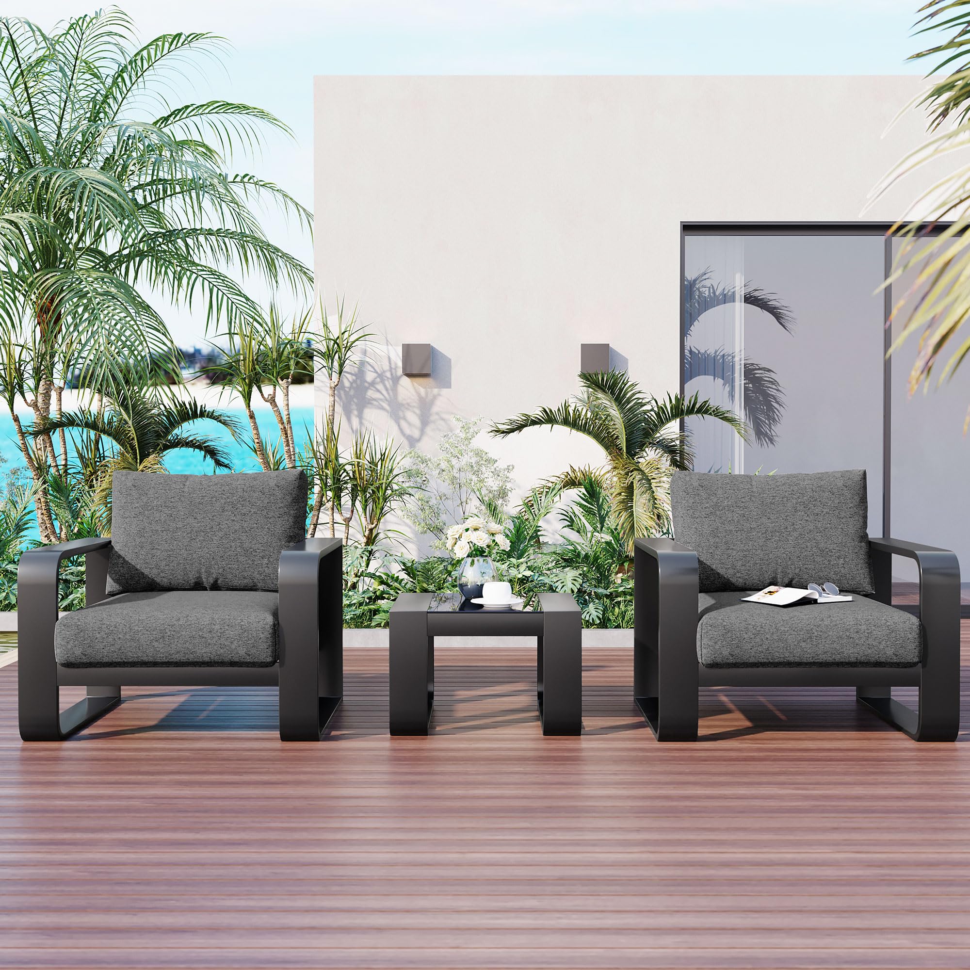 Merax 3-Pieces Aluminum Frame Patio Furniture Set with 6.7" Thick Cushion Chair and Coffee Table, All-Weather Use Outdoor Olefin Fabric ChairSet