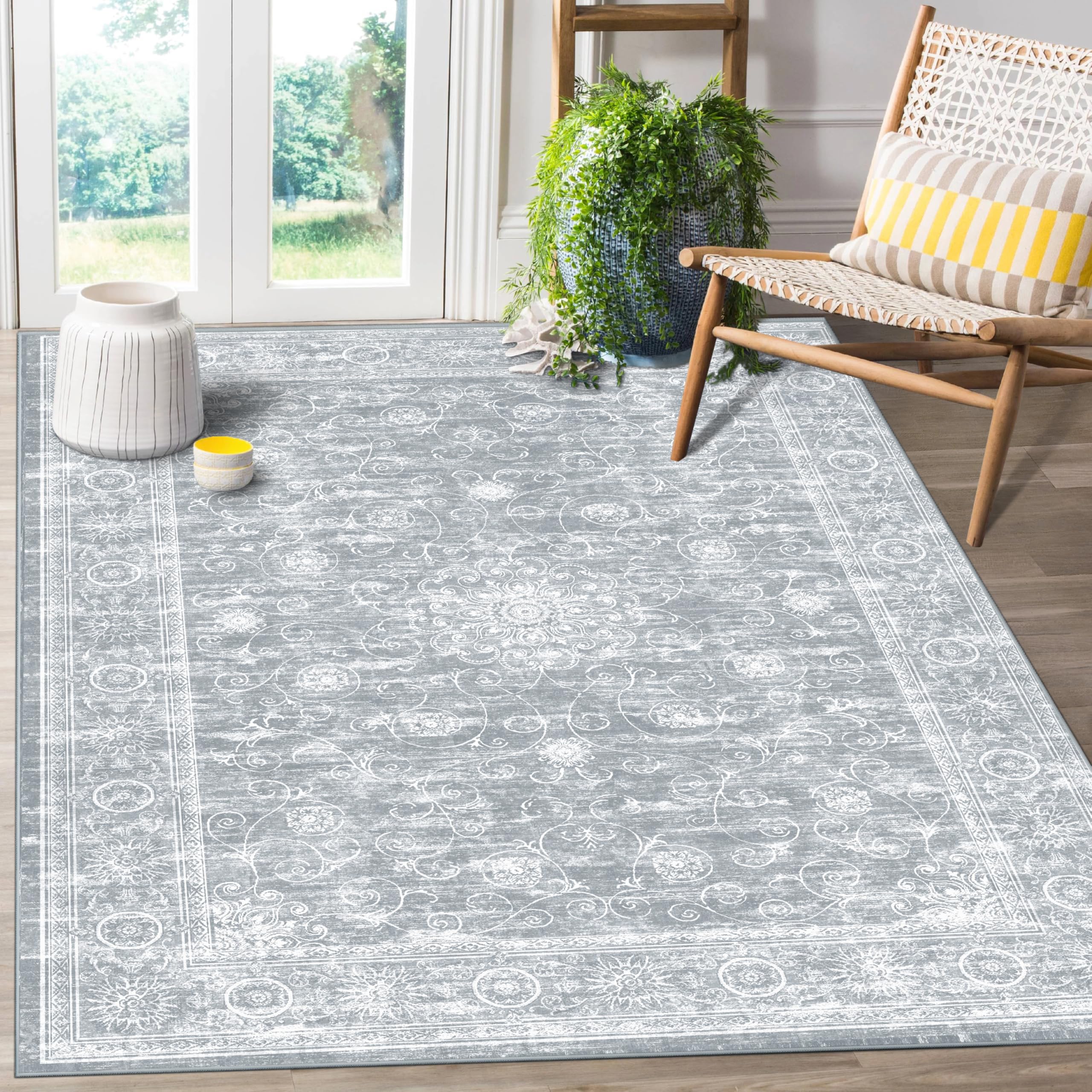 SunNewt Area Rug Living Room Rug 5'x 7' Non-Slip Washable Rug Stain Resistant Bedroom Rug Low Plie Entryway Rug Pale Grey