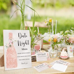 Date Night Ideas for Couples, Bridal Shower Games Date Night Sign, 1 Wooden Sign with 50 Cards, Floral Wishes Advice Game for Wedding, Bachelorette Party Night, Engagement Decoration