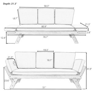 LOUHME Outdoor Patio Adjustable Wooden Daybed Chaise Lounge Chair, Expandable & Multifunctional Wooden Sofa with Cushions and Pillows, Premium Hardwood Frame, Gray