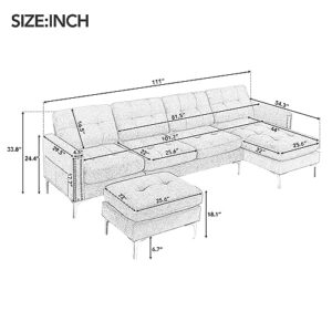 U-Shaped Reversible Modular Sectional Sofa Couch with Movable Ottoman and Chaise Sets, 5 Seater Velvet Upholstered Convertible Sofa Leisure Lounge w/ Nailhead Trim for Living Room Apartment Office