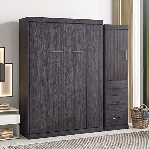 CABSETT Full Size Murphy Bed, Storage Platform Bed with Wardrobe and 3 Drawers, Can be Folded into a Cabinet, Multifunctional Design, for Small Spaces Place, Gray