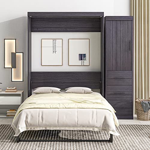 CABSETT Full Size Murphy Bed, Storage Platform Bed with Wardrobe and 3 Drawers, Can be Folded into a Cabinet, Multifunctional Design, for Small Spaces Place, Gray