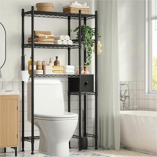 REIBII Over The Toilet Storage Cabinet, 6 Tier Over The Toilet Shelf with Adjustable Feet, Bathroom Over Toilet Storage with 4 Hooks & 2 Paper Holders, Black