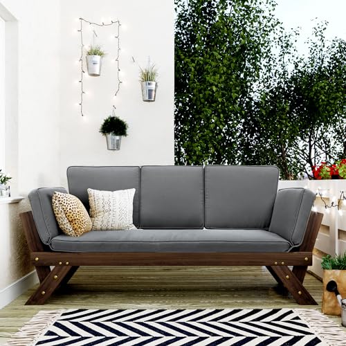 LOUHME Outdoor Patio Adjustable Wooden Daybed Chaise Lounge Chair, Expandable & Multifunctional Wooden Sofa with Cushions and Pillows, Premium Hardwood Frame, Gray