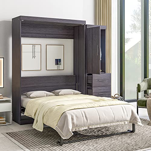 CABSETT Full Size Murphy Bed, Storage Platform Bed with Wardrobe and 3 Drawers, Can be Folded into a Cabinet, Multifunctional Design, for Small Spaces Place, Gray