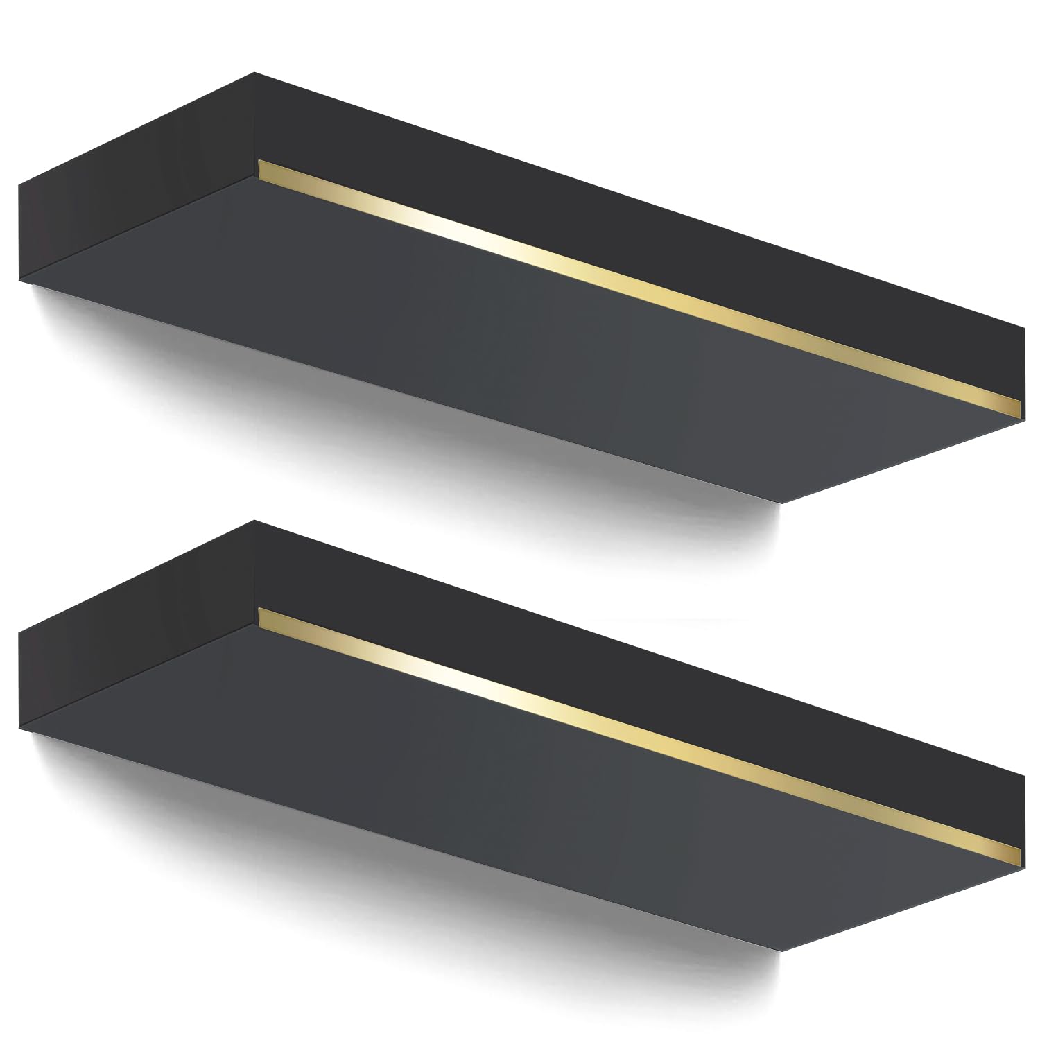 Thick 1.78 IN Black and Gold Shelves With Thicked 1/5 Inch Heavy Duty Bracket,Black and Gold Foating Shelves Pine Wood 16 ×6.5 IN Black Floating Shelves With Stainless Steel Trim Strip Set of 2