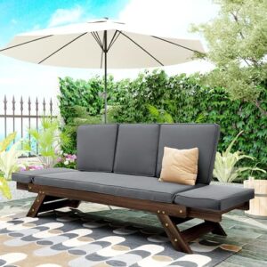 LOUHME Outdoor Patio Adjustable Wooden Daybed Chaise Lounge Chair, Expandable & Multifunctional Wooden Sofa with Cushions and Pillows, Premium Hardwood Frame, Gray