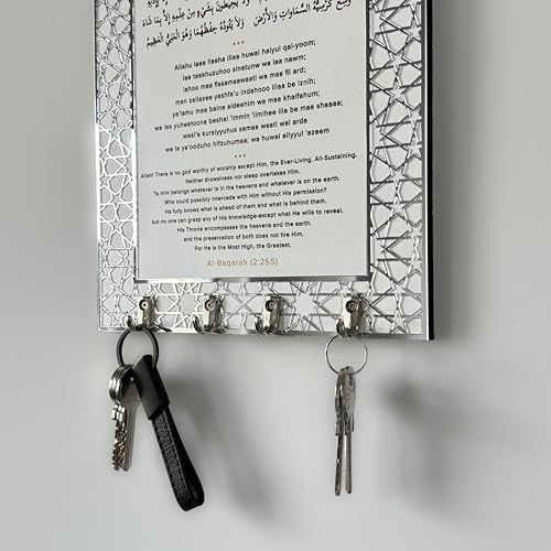 iwa concept Ayatul Kursi Home Key Holder, Islamic Wall Art, Mihrab Deisgn, Protection Dua (White Panel, Silver Acyrlic, Large)