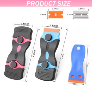 3 Pack Razor Blade Scraper, Premium Plastic Cleaning Scraper Tool with 40 PCS Metal & Plastic Razor Blades, Multi-Purpose Glass Scraper for Windows, Sticker, Decals, Cooktop, Paint Removal(Pink, Blue)