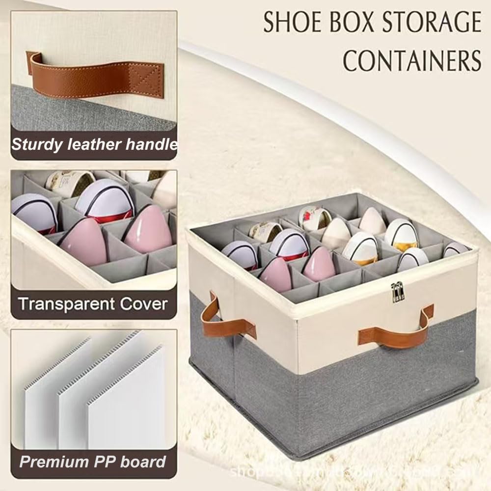 Generic Shoe Organizer for Closet,Foldable Shoe OrganizersContaine with Clear Cover，Adjustable DividersStorage Boxes for Closet ，16 Pairs，gray+white