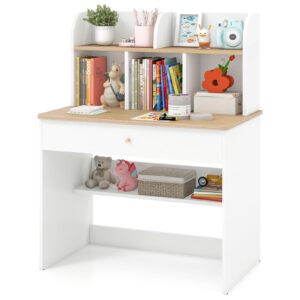 honey joy white kids desk, wooden children school study table with hutch, pull-out drawer, storage shelves, student writing desk computer workstation for bedroom, 3+ years old