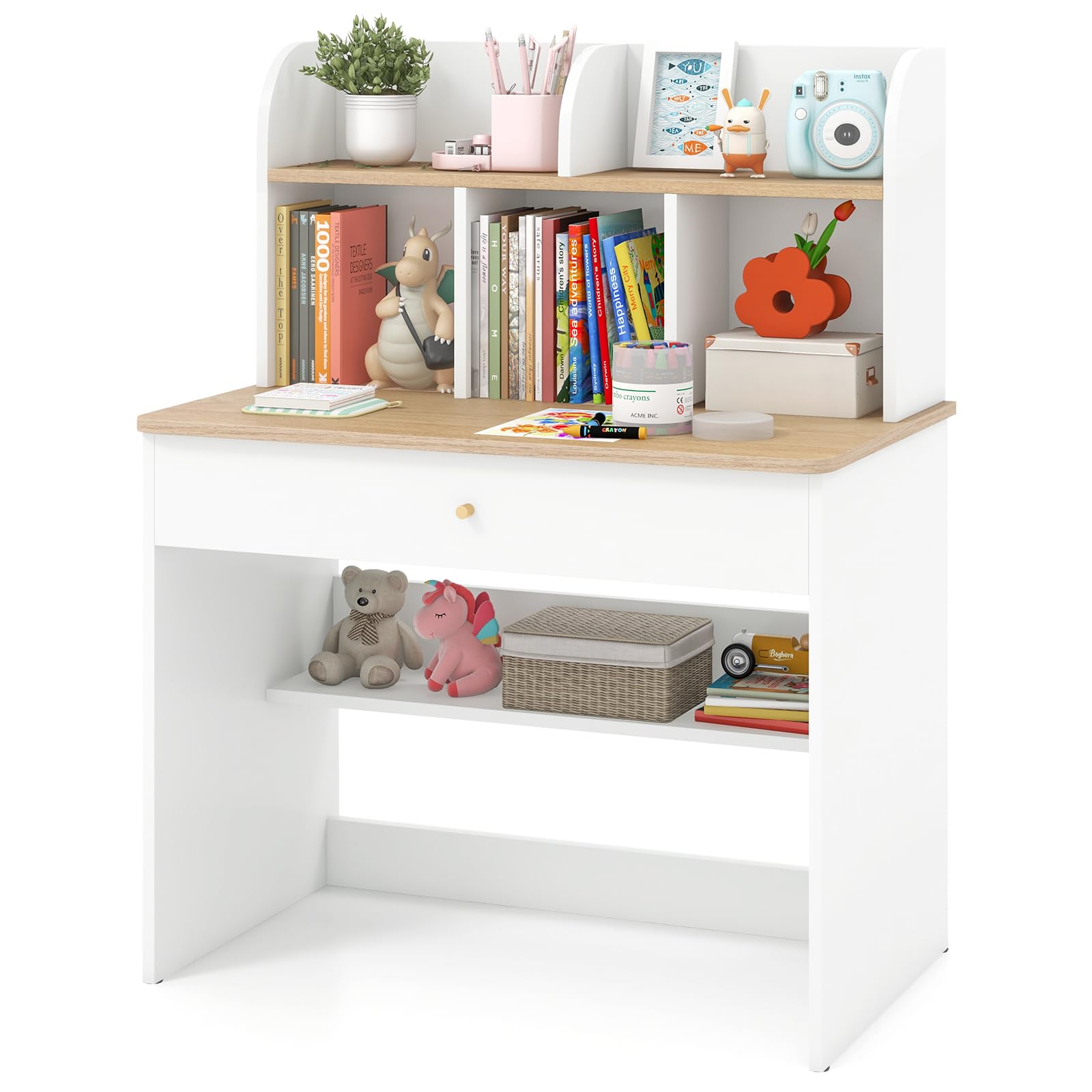 HONEY JOY White Kids Desk, Wooden Children School Study Table with Hutch, Pull-Out Drawer, Storage Shelves, Student Writing Desk Computer Workstation for Bedroom, 3+ Years Old