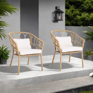 ME2 Outdoor Set of 4 Patio Dining Chairs, Bamboo Wove Dinning Chairs with Cushion,Outdoor Seating Set for Backyard, Poolside, Balcony, Indoor,Garden