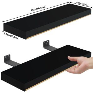 Thick 1.78 IN Black and Gold Shelves With Thicked 1/5 Inch Heavy Duty Bracket,Black and Gold Foating Shelves Pine Wood 16 ×6.5 IN Black Floating Shelves With Stainless Steel Trim Strip Set of 2