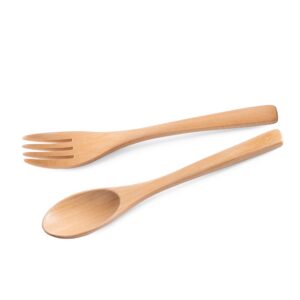 hefild 2pcs 6.3inch schima wooden utensil set including wooden spoons and wooden forks, reusable handmade natural wooden cutlery, sustainable responsible wood flatware set for stirring eating＆camping