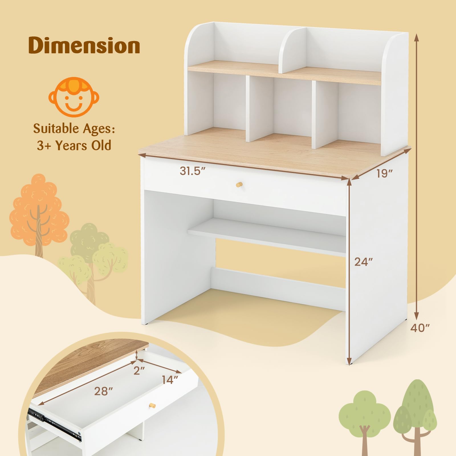 HONEY JOY White Kids Desk, Wooden Children School Study Table with Hutch, Pull-Out Drawer, Storage Shelves, Student Writing Desk Computer Workstation for Bedroom, 3+ Years Old