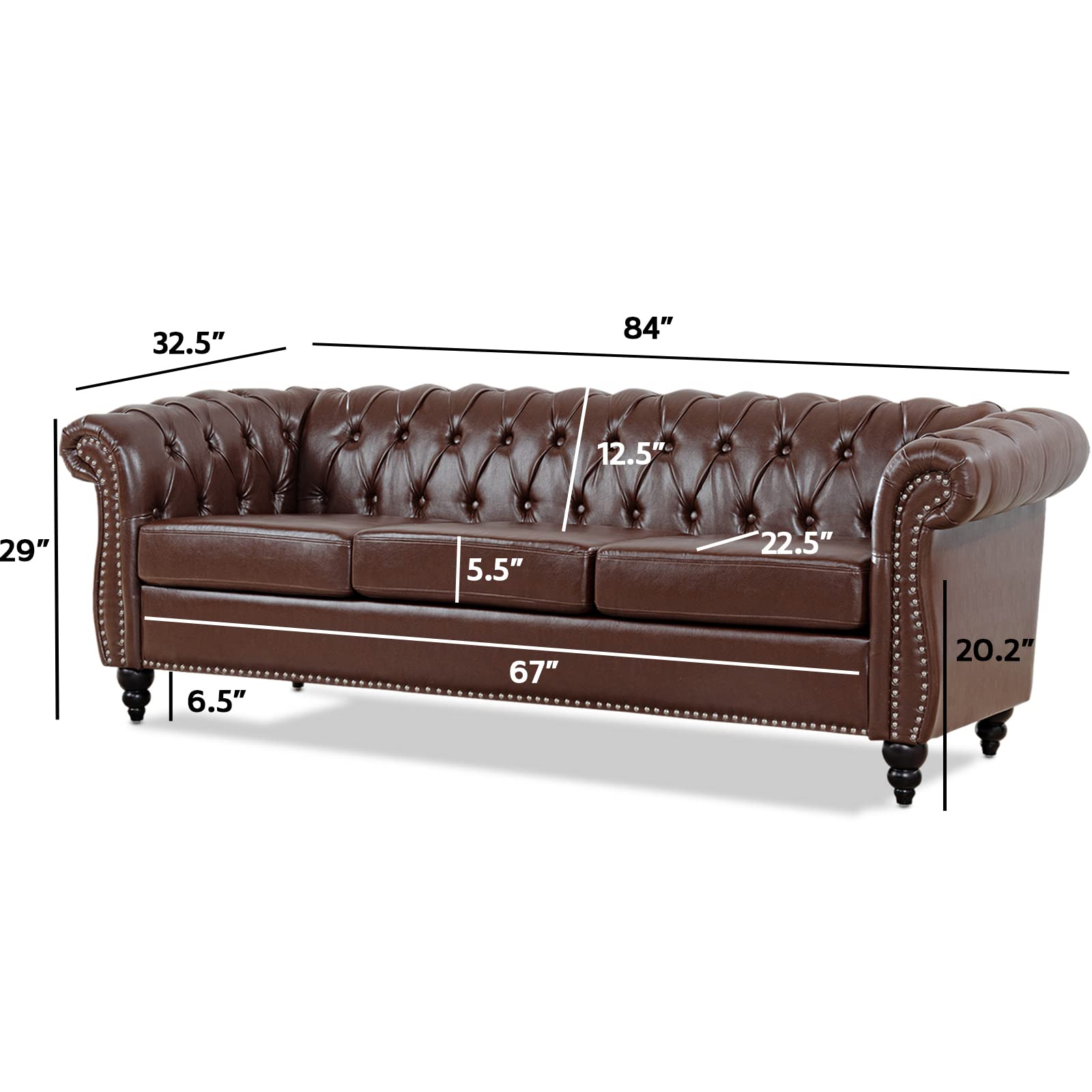 TINGMAMADEHUA Dark Brown Faux Leather 3-Seater Couch, 84in Sofas for Living Room, Bedroom, Office, with Rolled Arm, Deep Seating and Buttoned Classic Chesterfield Sofa