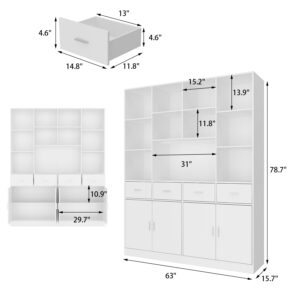 ECACAD Modern Wooden Bookcase with Shelves, 4 Doors and 4 Drawers, Tall Storage Display Cabinet Kitchen Pantry for Living Room, Home Office and Kitchen, White (15.7" D x 63" W x 78.7" H)