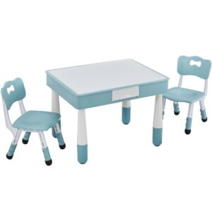 CuFun 4 in 1 Kids Table and 2 Chairs Set, Toddler Table and Chair Set for Kids Ages 3-10, Activity Table for Building Blocks/Drawing/Reading/Dining，Gift for Boy & Girl (Grayish Blue)