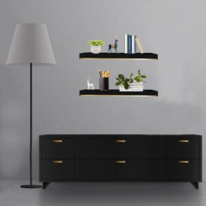 Thick 1.78 IN Black and Gold Shelves With Thicked 1/5 Inch Heavy Duty Bracket,Black and Gold Foating Shelves Pine Wood 16 ×6.5 IN Black Floating Shelves With Stainless Steel Trim Strip Set of 2