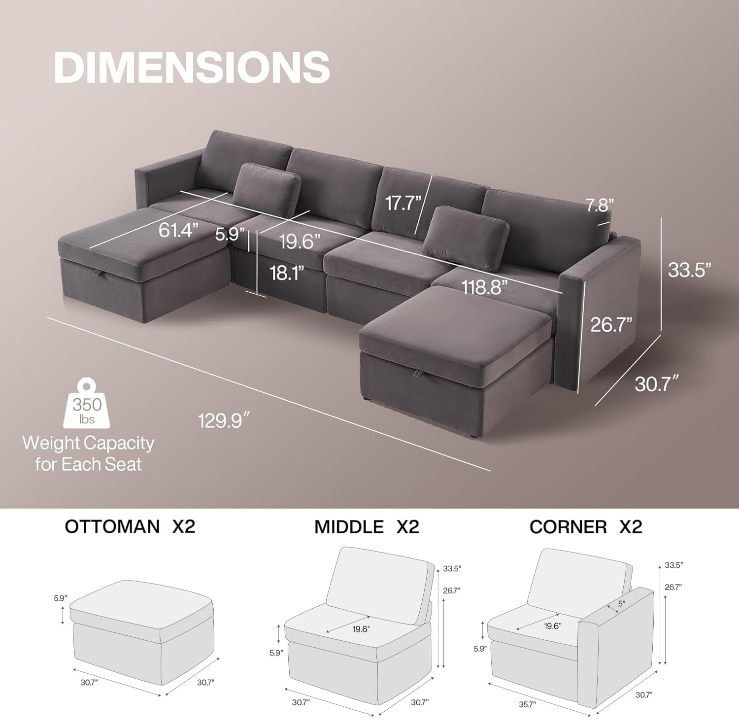 KCHUSAL Modular Sectional Sofa, 4 Seat Deep Sectional Sofa with 2 Storage Ottomans, Oversized Sectional Couches for Living Room - Velvet Dark Gray(130'' W)