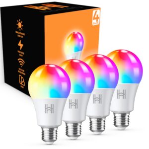 homefy smart light bulbs 4 pack, a19 multicolor led, 16 million colors, dimmable, 800 lumens, wifi & bluetooth, compatible with alexa & google home, music sync, no hub needed, 2.4ghz