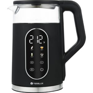 tesslux electric tea kettle, 1.7 liter / 1500w water boiler heater with temperature control, cordless, bpa-free, 4 preset heating programs, glass boiling teapot, black